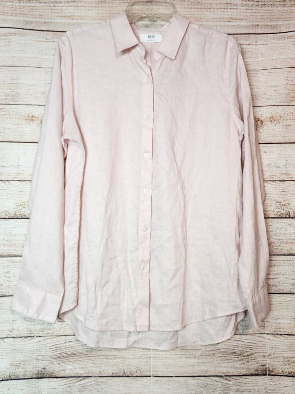 Uniqlo Shirt Mens Large Light Pink 100% Linen Long Sleeve Button Up Beach Summer